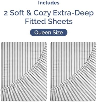 CGK Linens 2 Pack Extra Deep Queen Fitted Sheets - Grey Stripes