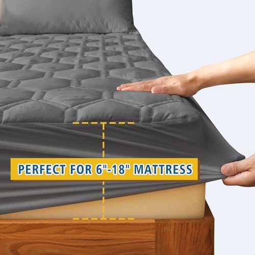 Waterproof Mattress Pad Queen Size, Breathable Mattress Protector with 6-18” Deep Pocket, Gray