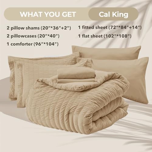 HYMOKEGE Khaki California King Comforter Set Seersucker 7 Pieces, All Season Luxury Bed in a Bag for Bedroom, Bedding Set with Comforter, Sheets, Pillowcases & Shams