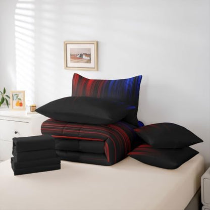 Feelyou Neon Blue Red Queen Comforter Set with Sheets for Kids Boys Girls Geometric 7 Pieces Bedding Set Ombre Bed in a Bag Room Decor Soft Lightweight Microfiber