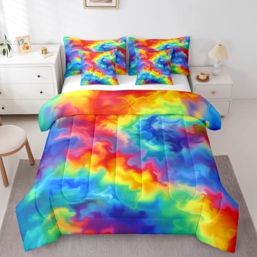 Erosebridal Tie Dye 7 Piece Bedding Set Twin Rainbow Comforter Set with Sheets Pastels Bed in A Bag Kids Girls Women Colorful Bed Sets with 2 Pillowcases, 2 Throw Pillow Covers