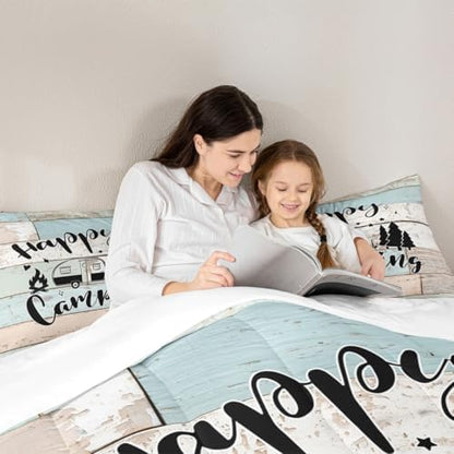 Camper RV Comforter Set Full Size,Camping Travel Trailer Decor Bedding Set 3pcs for Kids Boys Girls Adults,Vintage Wooden Plank Cottage Down Comforter,Rustic Farmhouse Duvet Insert,2 Pillowcases