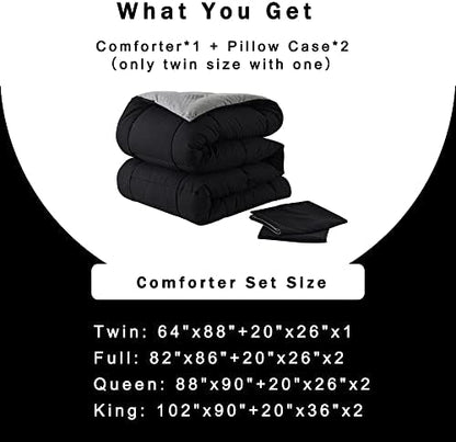 DOWNCOOL Twin Comforter Set -All Season Bedding Comforters Sets with 1 Pillow Case -2 Pieces Bed Set Down Alternative Comforter Set -Black/Grey Twin Bedding Sets(64"x88")