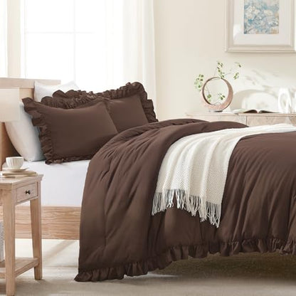 Andency Brown Ruffle Comforter Oversized Queen, 3 Pcs Solid Farmhouse Bed