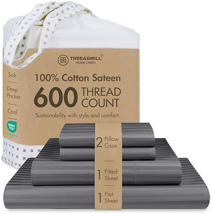 Threadmill 600 Thread Count Cotton Cal King Sheet Set, Sateen, Dark Grey