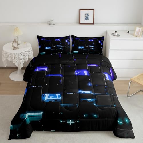 Feelyou Black Blue Teal Square Ombre Comforter Set King Size Kids 3D Rendering Abstract Art Comforter for Boys Girls Teens Modern Fashion Bedding Set Stripes Duvet Set
