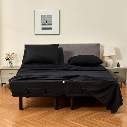 Kingnex 32-34 Split Top King Sheets Sets for Adjustable Bed with Straps Soft 1800 Microfiber Breathable 4 Pcs Flex Head King Bedding Set Black