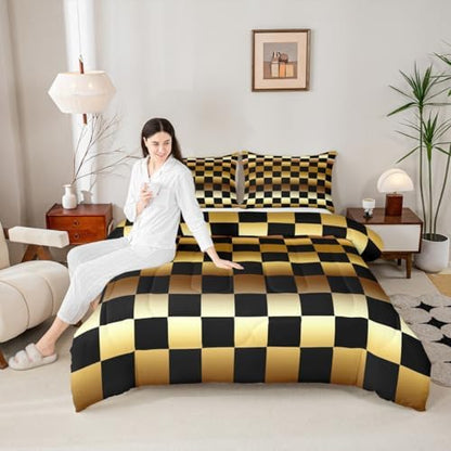 Feelyou Checkered Comforter Set All Season Modern Geometric Golden Yellow Bedding Set with 1 Pillow Cases Cute Neutral Plaid Kids Twin Bedclothes Vintage Aesthetic Bedroom Decor Duvet Quilt
