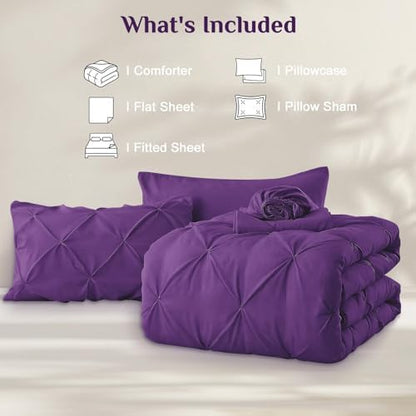 JOLLYVOGUE Twin XL Comforter Set 5 Pieces - Bed in a Bag Twin XL for All Season, Pintuck Bedding Comforter Sets with Comforter, Flat Sheet, Fitted Sheet and Pillowcases & Shams, Purple