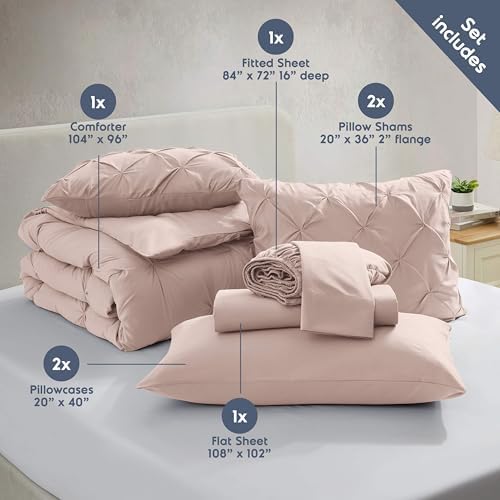 Nestl 9 Piece California King Comforter Set – Blush Pink Pinch Pleated Bed in a Bag – Complete Cal King Size Bedding Set with Sheets, Set of 2 Cooling Pillows, Pillowcases and Shams