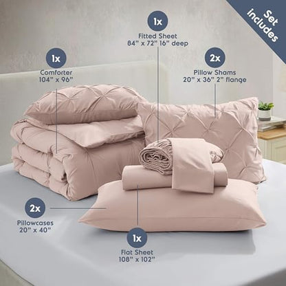 Nestl 9 Piece California King Comforter Set – Blush Pink Pinch Pleated Bed in a Bag – Complete Cal King Size Bedding Set with Sheets, Set of 2 Cooling Pillows, Pillowcases and Shams