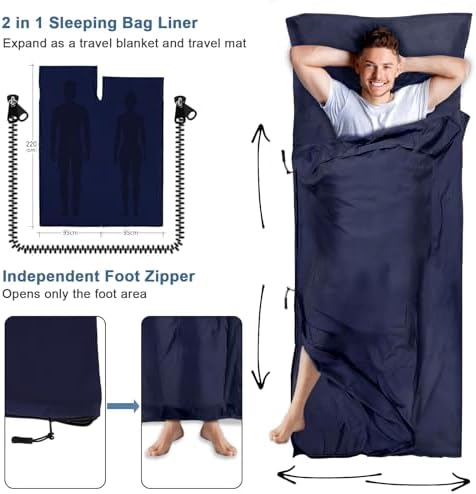 Sleeping Bag Liner, Updated Adult Sleep Sack & Travel Sheets with Foot Zipper, Lightweight and Portable Camping Sleeping Bag Liners - Ideal for Backpacking, Hostels and Camping