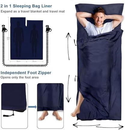 Sleeping Bag Liner, Updated Adult Sleep Sack & Travel Sheets with Foot Zipper, Lightweight and Portable Camping Sleeping Bag Liners - Ideal for Backpacking, Hostels and Camping