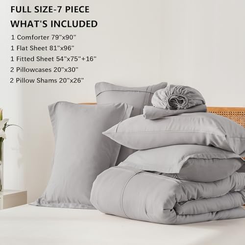 Yogeneg Full Size Comforter Set 7 Piece Bed in a Bag,Grid Pinch Pleat Grey Bedding Set,Striped Textured Soft Microfiber Comforter with Sheet Set,All Season Complete Bed Set(Grey,Full)