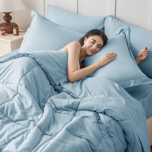 JOLLYVOGUE Twin Comforter Set, Ultra-Soft Bed in a Bag Twin Size 5 Pieces, Oeko-TEX Certified Bedding Set with Down Alternative Comforter, Sheets, Pillowcases & Shams, Lack Blue