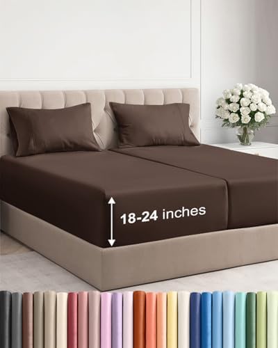 Extra Deep Split King Sheet Set - 5 Piece Breathable Cooling Sheets - Brown