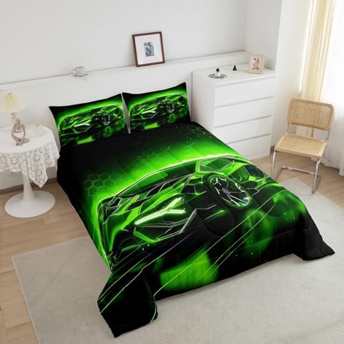 Feelyou Kids Boys Sports Car Comforter Set King Size Green Race Car Comforter for Kids Teens Room Decor Extreme Sports Theme Bedding Set Cool Speed Luxury Car Decor Quilt Set Soft for All Season