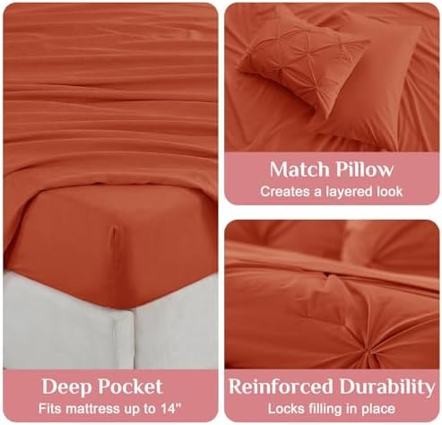 JOLLYVOGUE Twin XL Comforter Set 5 Pieces - Bed in a Bag Twin XL for All Season, Pintuck Bedding Comforter Sets with Comforter, Flat Sheet, Fitted Sheet and Pillowcases & Shams, Burnt Orange