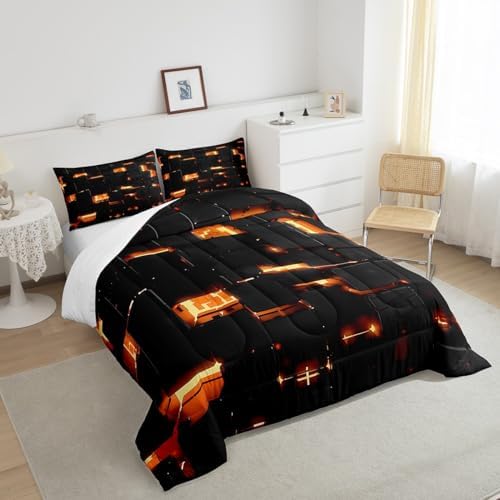 Feelyou Black Yellow Square Ombre Comforter Set King Size Kids 3D Rendering Abstract Art Comforter for Boys Girls Teens Modern Fashion Bedding Set Stripes Duvet Set Room Decor