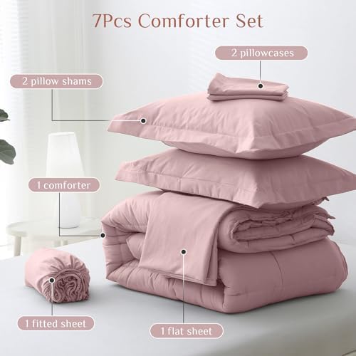 JOLLYVOGUE Full Comforter Set, Ultra-Soft Bed in a Bag Full Size 7 Pieces, Oeko-TEX Certified Bedding Set with Down Alternative Comforter, Sheets, Pillowcases & Shams, Camio Pink