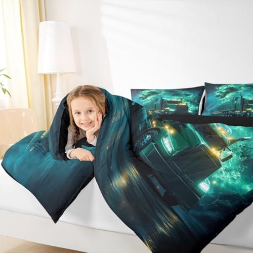 Western Dragon Kids Comforter Set Twin Size,Truck Vehicle Car Smoke Trippy Bedding Set,Girls Boys Room Decor,Chinese Dragon Magical Quilt Comforter,Black Retro Duvet Insert,1 Pillowcase