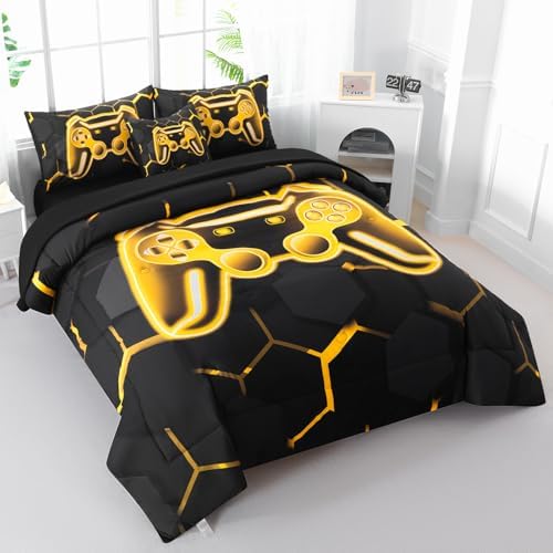 Gamer Twin Comforter Set for Boys - 6 Pieces Gold Gaming Teen Boy Bedding, 3D Game Console Kids Bed in A Bag, Gamepad Printed Bed Set with Sheets (Gold, Twin)