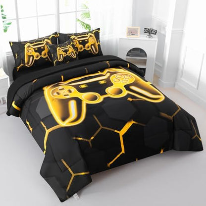 Gamer Twin Comforter Set for Boys - 6 Pieces Gold Gaming Teen Boy Bedding, 3D Game Console Kids Bed in A Bag, Gamepad Printed Bed Set with Sheets (Gold, Twin)