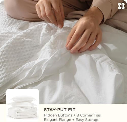 Bedsure PureWoven 3 Pieces 100% Cotton Waffle Duvet Cover Set, Queen, White