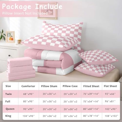 Feelyou Checkered 7 Piece Bedding Set Teen Women Men Pink Plaid Comforter Set with Sheets Twin Size Kids Boys Cute Retro Neutral Checkerboard Geometric Bed in a Bag Vintage Aesthetic Room Decor