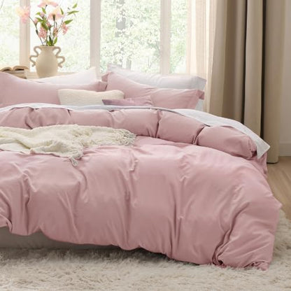 Bedsure Prewashed Duvet Cover Queen, Cotton-Like Soft Bedding Set, Pink