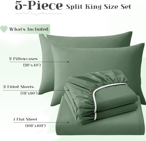 P Pothuiny 5-Piece Split King Sheets Set, Sage Green Soft Microfiber Fabric