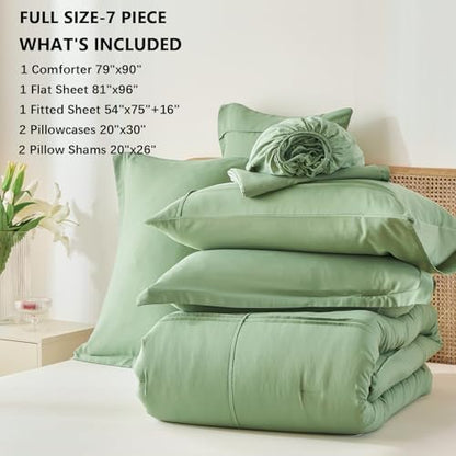 Yogeneg Full Size Comforter Set 7 Piece Bed in a Bag,Grid Pinch Pleat Sage Green Bedding Set,Striped Textured Soft Microfiber Comforter with Sheet Set,All Season Complete Bed Set(Sage Green,Full)