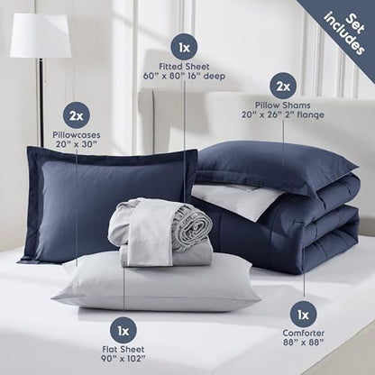 Nestl 9 Piece Queen Comforter Set – Navy Reversible Bed in a Bag – Complete Queen Size Bedding Set with Sheets, Set of 2 Down Alternative Pillows, Pillowcases and Shams