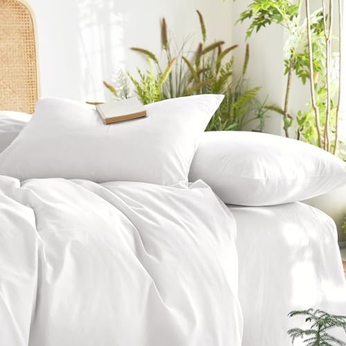 Wake In Cloud - Cotton Duvet Cover Set, 100% Washed Cotton, Linen Like Textured, Breathable Durable Comfy Farmhouse Neutral Bedding Set, 3 Pieces, White, King Size