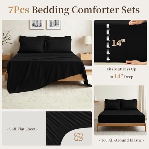 Oversized Queen Comforter Set 7 Pieces - Ultra-Soft Bed in a Bag, Cozy Luxury All Season Bedding Sets with Comforter, Flat Sheet, Fitted Sheet, 2 Pillow Shams & 2 Pillowcases, Black