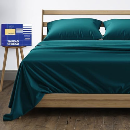THREAD SPREAD Egyptian Cotton Sheets Queen Size - 1000 Series High Thread Count Cotton Queen Sheet Set (4 PC, Teal), 16" Snug Fit Deep Pocket, Cooling, Sateen Weave, Ultra-Soft Hotel Luxury Sheets