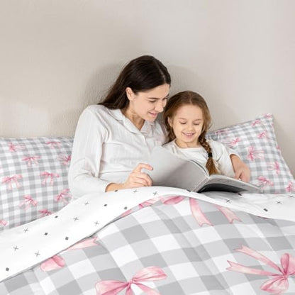 jejeloiu Checkerboard Bowknot Comforter Set All Season Pink Bow Bedding Set with 1 Pillow Cases Plaid Microfiber Kids Toddler Bedclothes Gray Bedroom Decor Duvet Quilt Breathable Soft Lightweight