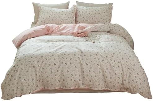 Girl Floral Duvet Cover Twin Pink White Flower Print Bedding Sets Garden Style Flower Comforter Cover Cotton Aesthetic Bedding Cover Chic Floral Bedroom Collection 1 Duvet Cover with 2 Pillowcases