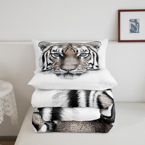 Erosebridal Boys Tiger Comforter Set Queen Size, Wild Animal Print Down Comforter for Boys Girls Teens Adult Bedroom, Grey Tiger Skin Duvet Insert Black White Stripe Bedding Comforters for Bedroom