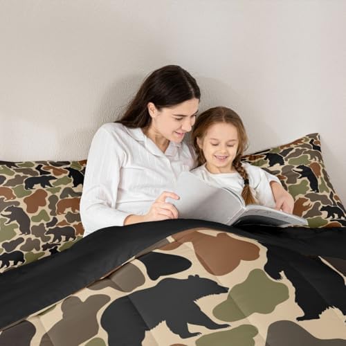 Army Green Camouflage Comforter Set Queen Size,Brown Black Bear Silhouette Bedding Sets 3Pcs for Women Room Decor,Hunting Bear Camo Quilted Duvet Hunter Military Theme Down Comforter,2 Pillowcases