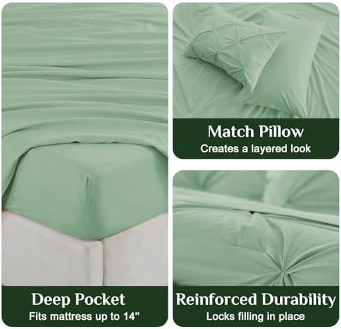 JOLLYVOGUE Full Size Comforter Sets 7 Pieces - Bed in a Bag Full for All Season, Pintuck Bedding Comforter Sets with Comforter, Flat Sheet, Fitted Sheet and Pillowcases & Shams, Sage Green