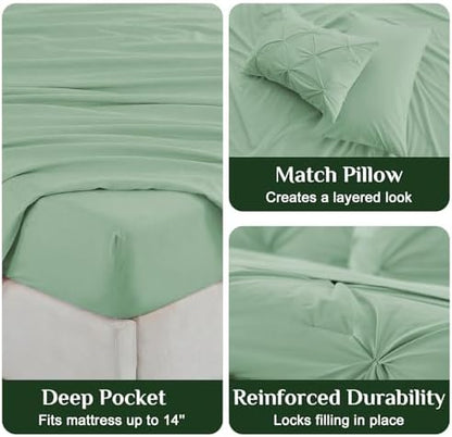 JOLLYVOGUE California King Comforter Set 7 Pieces - Bed in a Bag Cal King for All Season, Pintuck Bedding Comforter Sets with Comforter, Flat Sheet, Fitted Sheet and Pillowcases & Shams, Sage Green