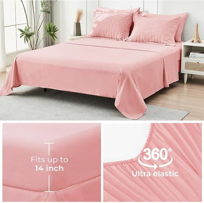 HYMOKEGE Rose Pink King Size Comforter Set Seersucker 7 Pieces, All Season Luxury Bed in a Bag for Bedroom, Bedding Set with Comforter, Sheets, Pillowcases & Shams