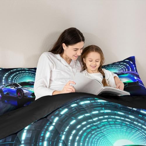 Feelyou Boys Sports Car Bedding Set Soft for Boys Girls, Speed Sports Comforter Set Full Size Blue Racing Car Duvet Quilt Microfiber Extreme Bedroom Decor 3 Pcs with 2 Pillow Cases