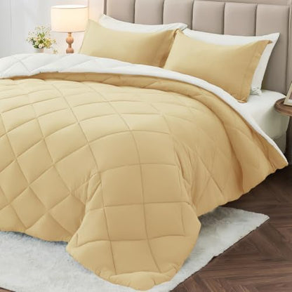 MUXHOMO 7 Pieces Full Comforter Set, Reversible Bed in a Bag Full Size, All Season Bedding Set with Comforter, Flat Sheet, Fitted Sheet, Pillowcases & Shams, Yellow & Ivory