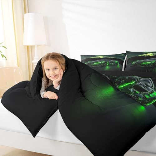 Extreme Sports Car Bed for Boys Green Race Car Comforter Queen Size Kids Racing Cars Quilt Set Boys Room Decor Cool 3D Cars Birthday Decorations for Toddler With 2 Pillow Cases Bedroom Decor-Soft Cozy