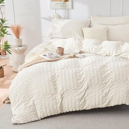 HYMOKEGE Ivory King Size Comforter Set Seersucker 7 Pieces, All Season Luxury Bed in a Bag for Bedroom, Bedding Set with Comforters, Sheets, Pillowcases & Shams