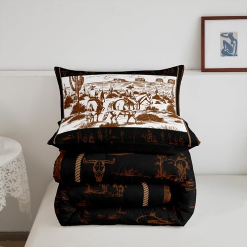 Manfei Western Cowboy Comforter Set King Size, Cowboy Horse Western Bedding Set 3pcs, Wild West Cactus Farmhouse Brown Down Comforter for All Season, Kids Boys Teens Room Decor, 2 Pillowcases