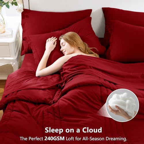 CozyLux Queen Comforter Set Dark Red - 7 Pieces Bed in a Bag
