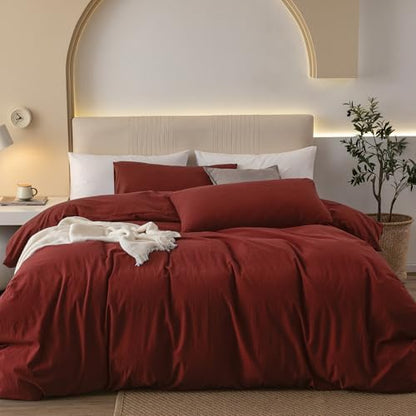 JIYUAN Full Washed Cotton Duvet Cover Set, 3-Piece, Relaxed Linen Feel